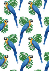 Seamless Pattern with hand-drawn Parrot and palm leaves, digitally colored