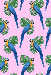 Naklejka premium Seamless Pattern with hand-drawn Parrot and palm leaves, digitally colored