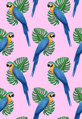 Seamless Pattern with hand-drawn Parrot and palm leaves, digitally colored