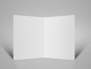 Blank brochure fold flyer Stand On grey Background. Empty White folded Paper Pages standing with shadow. 3d Visualization  