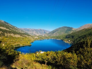 Naklejka na ściany i meble shot from the top of the heart-shaped lake, Scanno Abruzzo