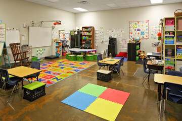 Interior of modern colorful preschool classroom - obrazy, fototapety, plakaty
