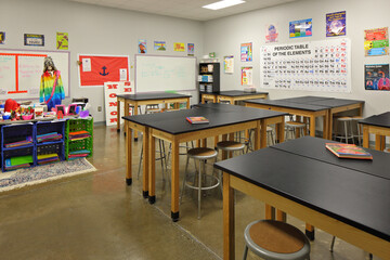 Interior of modern high school science classroom