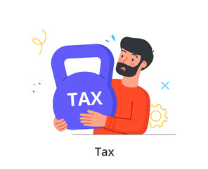 Big heavy tax. Man hold kettlebell with tax bill for state. Entrepreneur gives percentage of income. Commitment for business and employee. Cartoon flat vector illustration isolated on white background