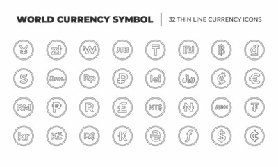Vector world currency symbol thin line icon set such as dollars, ruble, euro, pound, rupiah, won, yen, rand, and more. Very suitable for your design, web design, app design etc. 