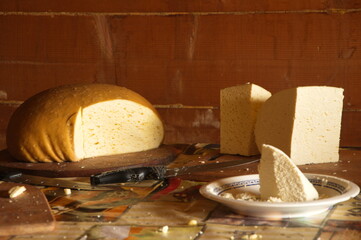 Traditional handmade carpathian cheese on the table.