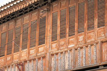 Hardwood window face channel structure of classic style house. Building material object photo.