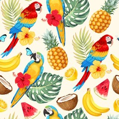 Vector seamless pattern with macaw and palm leaves © olga_igorevna
