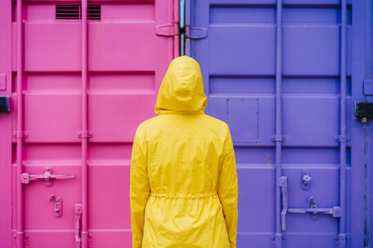 back view of woman with hood wearing yellow raincoat over pink and purple background. Colorful lifestyle Outdoors