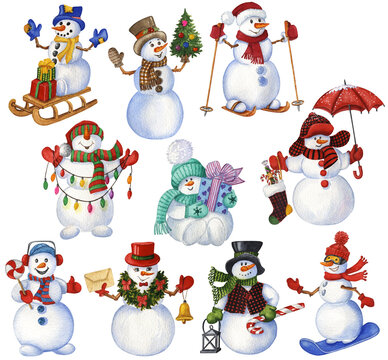 Watercolor Snowman Clipart. Winter Art. Christmas Collection. Cute Snowman Illustration. Winter vintage Decoration. Ideal for new year cards, invitations, stickers.