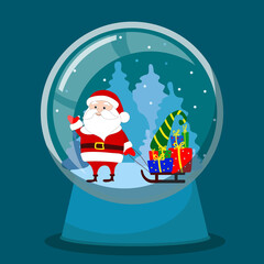 Santa Claus with sleigh and gifts in traditional clothes in a glass ball. Fabulous winter landscape in paperweight. Christmas greeting card. The atmosphere of calmness, comfort and fun.