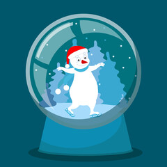 In a glass snow globe against the backdrop of a winter landscape, there is a charming snowman wearing a scarf and ice skating. Very funny and positive Christmas picture.