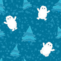 Cheerful seamless pattern little funny etty are having fun in the blue winter forest on the background of snowfall. Design for textiles, children's bed, linen, for Christmas and New Year's designs.
