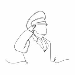 Continuous one line drawing of soldier and veteran saluting at memorial day  icon in silhouette on a white background. Linear stylized.