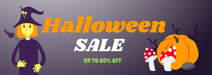 Halloween sale horizontal banner in cartoon funny style. Dark purple background and on it a witch and a pumpkin with fly agarics.