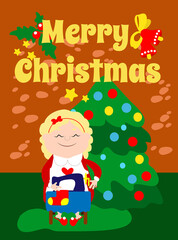 Mrs. Santa is sewing a Christmas sock on a sewing machine. The woman is in Santa's house under a decorated Christmas tree. Merry's text of Christmas and a cozy atmosphere. 