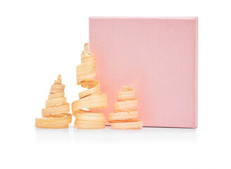 gift box and Christmas tree with added shadow and reflection on a white background