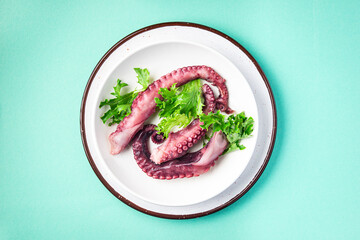 octopus food salad seafood fresh portion ready to eat meal snack on the table copy space food background rustic. top view keto or paleo diet vegetarian food pescetarian diet