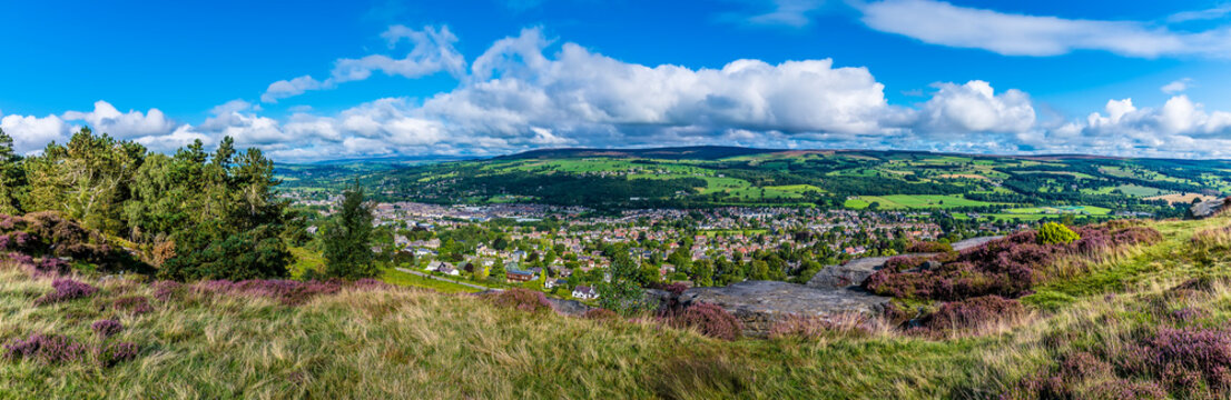 A panorama view from Ilkley moor over Wharfedale and the town of Ilkley Yorkshire, UK in summertime