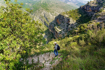 Obraz premium Man with hat going down the forest path between mountains