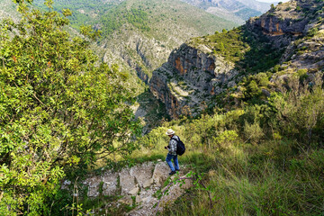 Man with hat going down the forest path between mountains