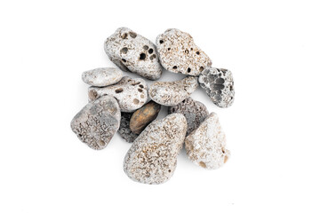 Sea pebbles stones isolated on the white background.