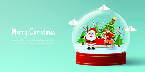 Christmas banner of Santa Claus and reindeer in snow globe