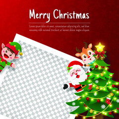 Fototapeta na wymiar Christmas photo frame with Santa Claus and friend, Paper cut illustration