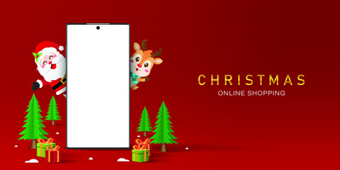 Christmas shopping online on smartphone concept, Blank screen smartphone with Santa Claus and reindeer, Merry Christmas