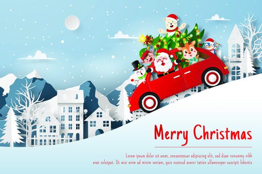 Christmas postcard of Santa Claus and friend in Xmas car in the village