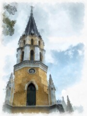 Fototapeta na wymiar Ancient yellow christ church gothic architecture Illustrations watercolor style illustration impressionist painting.
