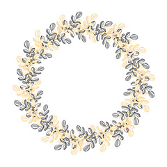 Vector hand drawn spring wreath isolated on white background. Silhouette circle of leaves. Doodle style. Floral frame.
