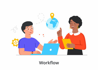 Employees discuss delivery. Colleagues talk about deal, boss gives task to subordinate. Concept of workflow, teamwork, company, business. Cartoon flat vector illustration isolated on white background