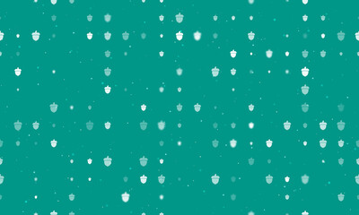 Seamless background pattern of evenly spaced white acorn symbols of different sizes and opacity. Vector illustration on teal background with stars