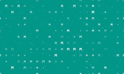 Seamless background pattern of evenly spaced white women's jacket symbols of different sizes and opacity. Vector illustration on teal background with stars