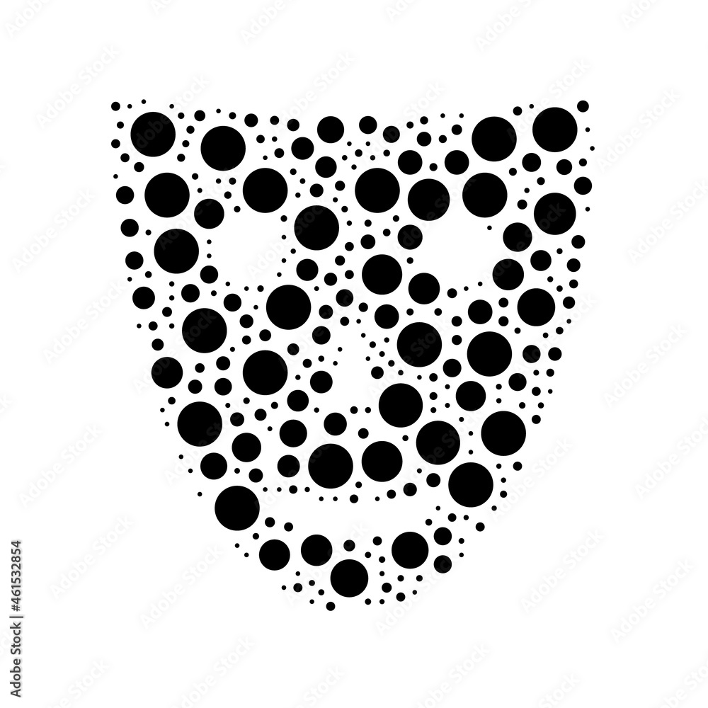 Poster a large theatrical mask in the center made in pointillism style. the center symbol is filled with bl