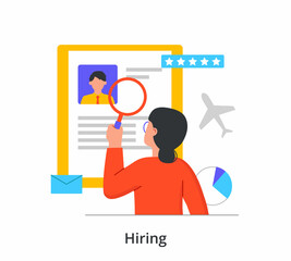 Girl with magnifying glass looks at profile. Employee search, personnel assessment, hr work, recruiting. Five star, hiring, mark. Cartoon flat vector illustration isolated on white background