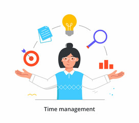 Woman prioritizes concept. Time management, creating your own schedule. Planning tasks, analyzing steps towards goal, plotting graph. Cartoon flat vector illustration isolated on white background