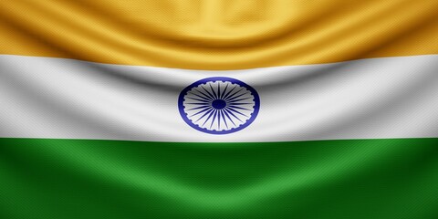 Hanging wavy national flag of India with texture. 3d render.