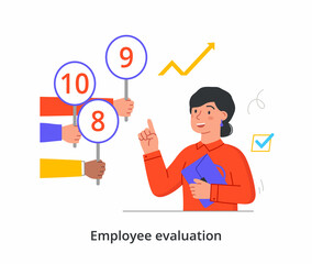 Woman looks at her grades. Customer reviews of employees, ratings. Feedback, reviews, performance, talent. Competition within company. Cartoon flat vector illustration isolated on white background