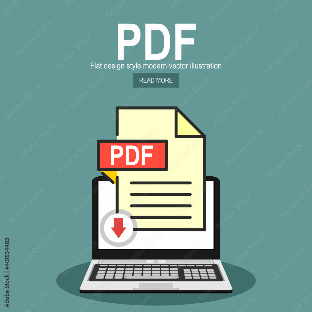 Aufkleber download pdf button on laptop screen. downloading document concept. file with pdf label and down arr