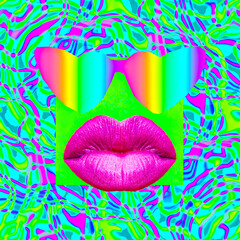 Contemporary minimal pop surrealism collage art. Sensual lips and rainbow disco sunglasses.  LGBTQ...