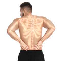 Man having backache on white background. Digital compositing with illustration of spine