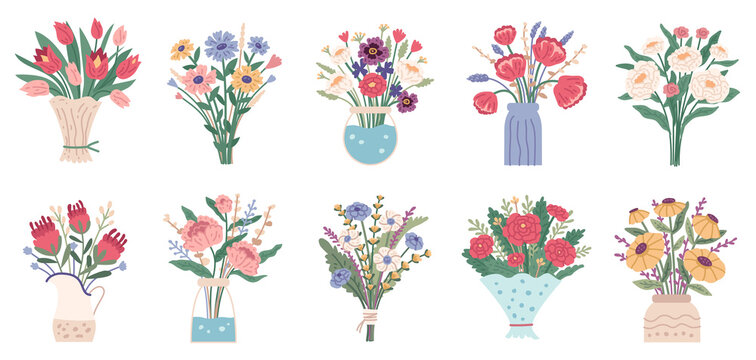 Flower bouquet. Set of bright spring blooming flowers in vases and bottles isolated on a white background. Cartoon flat vector illustration. 