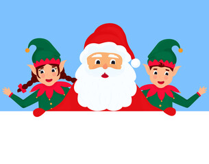 Santa Claus and little elves. Greeting card for New Year and Christmas
