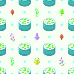 Seamless Pattern Abstract Elements Fast Food Sushi With Leaves Vector Design Style Background Illustration Texture For Prints Textiles, Clothing, Gift Wrap, Wallpaper, Pastel