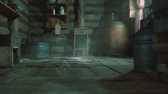 dark interior of retro log house