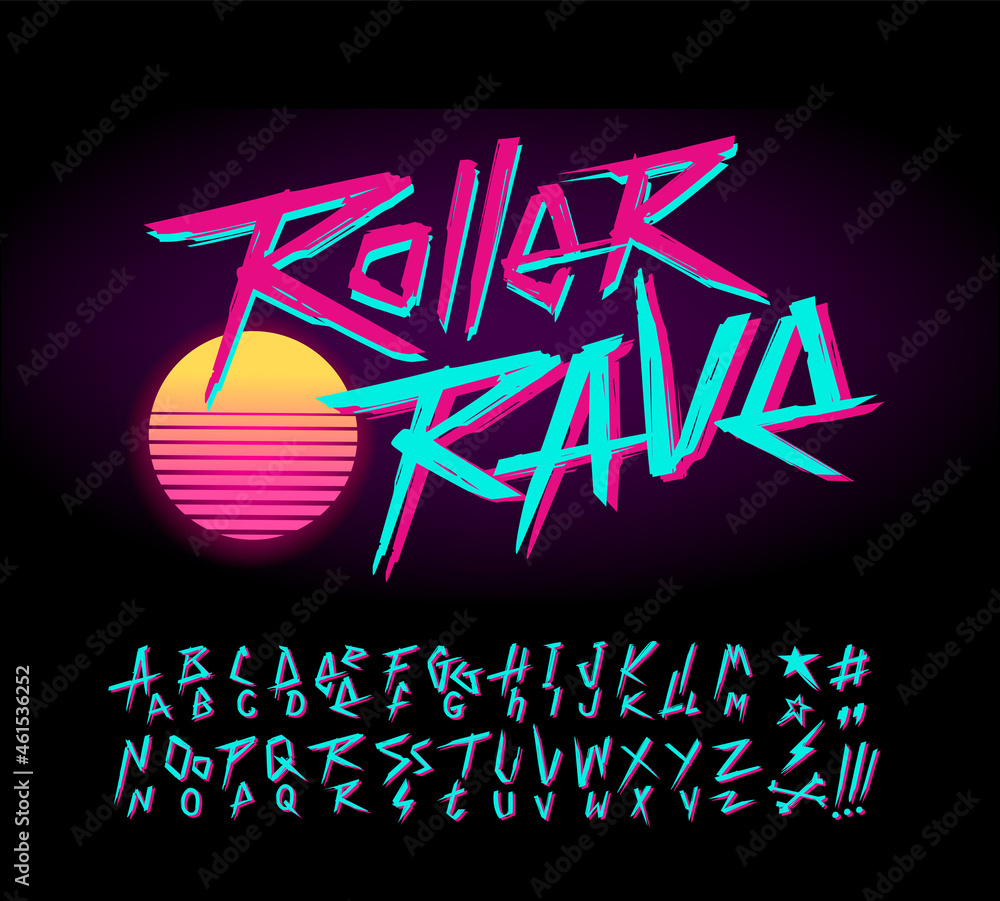 Poster retro roller rave handwritten 80s style type font and vector cyberpunk alphabet. set for print tee a