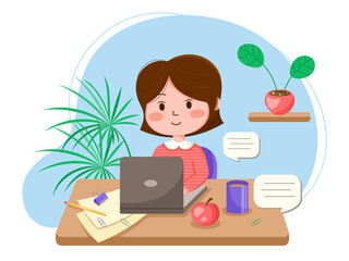 Cute girl working at home and chatting online. Cartoon vector illustration. Employee, student, assistant, secretary or blogger sitting at a table with a laptop. female character work with online email