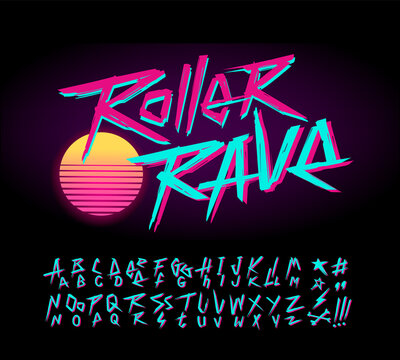 Retro Roller Rave handwritten 80s style type font and vector cyberpunk alphabet. Set for print tee and poster design. Hand drawn lettering. Vector vintage grunge type font